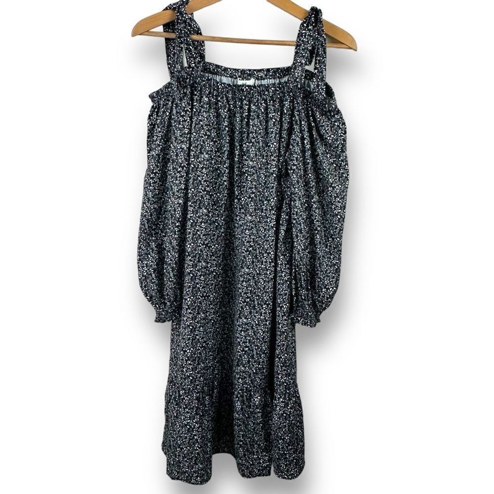 H Halston Women's Size M Long Puff Sleeve Off Shoulder Prarie Dress Black Floral